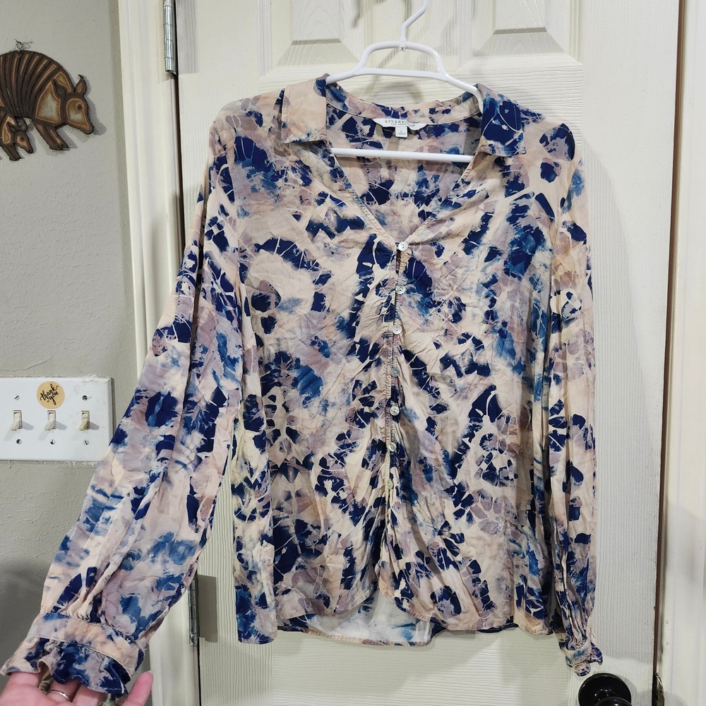 Liverpool Los Angeles Blue Tan Abstract Tie Dye Button Front Ruffle Blouse L